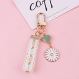 Flyshadow Small Daisy Flower Keychain For Women Cute Bell Heart Leaves Ribbon Key Chains Bag Car Mobile Phone Key Ring Accessories Gift