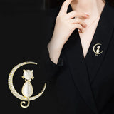 Flyshadow Unique Designer Moon Cat Brooches For Women Animal Rhinestone Brooch Pins Jewelry Clothes Accessories Party Gifts