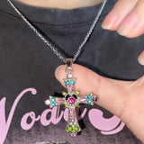 Flyshadow Pink Zircon Cross Pendant Jewel Necklace Fashion Gothic Punk Y2K Rhinestone Jewellery Fashion Charm Statement Women Gift