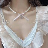 Flyshadow Pink Love Bow Women's Necklace 2024 Imitation Pearl Plush Bear Luxury Banquet Clavicle Chain For Women Jewelry Accessories New