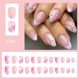 Flyshadow 24Pcs Pink Flower Short Almond Press-on Nails Set Glossy Acrylic Full Cover Fake Nails with Glue Art Stick on For Women&Girls