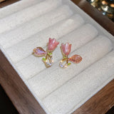 Flyshadow Pink Flower Stud Earrings for Women Enamel Oil Crystal Bud Green Leaf Small Earrings Wedding Party Cute Jewelry