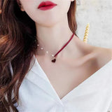 Flyshadow Red Heart Pearl Necklace Lady Aesthetic Asymmetric Korea Fashion Gold Plated Alloy Choker Necklace For Women Jewelry Accessories