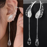 Flyshadow Women's Earrings Tassel Plate Trendy Angel Wings Geometric Leaf Crystal Earless Ear Clip with Silver Feather Fashion Jewelry