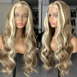 Flyshadow Brown Wig with Ash Blonde Highlights Synthetic Hair Long Wavy Loose Body Wave Streaks Money Piece 13X4 Frontal Wigs for Women