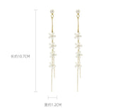 Flyshadow 2024 New Korean Style Flower Asymmetric Pendant Earrings for Women Shiny Rhinestones Long Tassel Fairy Earrings Petal Earrings