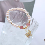 Flyshadow Elegant Freshwater Pearl Bracelet for Women with Chic Butterfly Pendant Fashion Jewelry and Pink Cat Eye Stone Beads Girls Gifts