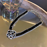 Flyshadow Fashion Black Crystal Rose Necklace Female Fashion Punk Style Rhinestone Flower Short Collarbone Chain Choker Camellia Necklaces