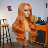 Flyshadow Orange Long Wave Wig Synthetic Lace Front Wigs For Women Heat Resistant Deep Wave Orange Wigs Daily Use Cosplay Natural Hairline