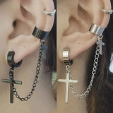 Flyshadow Punk Cross Tassel Earrings Women Integrated Clip Stud Earring Christian Gothic Hip Hop Jewelry Metal Chain Ear Ring Earring Men