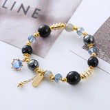 Flyshadow Gorgeous Black Obsidian Crystal Bracelet with Starry Night Sky Effect and Dazzling Blue Sandstone Beads Jewelry for Women