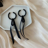 Flyshadow Sexy Black Ribbon Beaded Circular Earrings Cool and Cool Style Long Earrings Internet Red Exaggerated and Atmospheric Earrings