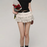 Flyshadow Kawaii Sexy Ruffle White Mini Skirt Fairycore Cake Pleated Lace Up Short Skirts Coquette Casual Layered Patchwork Skirt