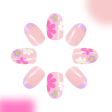 Flyshadow 24Pcs Pink Flower Short Almond Press-on Nails Set Glossy Acrylic Full Cover Fake Nails with Glue Art Stick on For Women&Girls