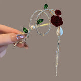 Flyshadow Fashion Retro Rose Flower Tassel Hair Clip Korean Style Elegant One Word Ponytail Clip Women Party  summer  accessories