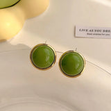 Flyshadow Trendy Green Round Stud Earrings for Women Party Classic Jewelry Golden Color Geometry Beans Shape Earrings