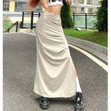 Flyshadow Vintage Cargo Skirt Women Ruffle Y2k Fashion Slit Skirts Streetwear Casual Solid Summer Long Skirt Aesthetics A-line