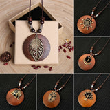 Flyshadow Ethnic Style Round Wood Beads Alloy Leaf Pendant Necklace For Women Girl Bohemian Sweater Chain Vintage Jewelry Accessories Gift