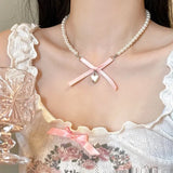 Flyshadow Kpop Y2K Aesthetic Lolita Pink Heart Bowknot Pendant Pearl Beaded Necklace For Girl 2000s EMO Goth Harajuku Jewelry Accessories