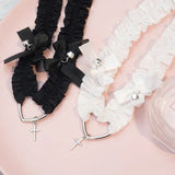 Flyshadow Gothic Lolita Lace Heart Cross Garter Belt Black White Elastic Bow Knot Choker Leg Garters Women Leg Ring Strap Cosplay Tools