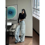 Flyshadow Women Blue Jeans Hip Hop Streetwear High Waist American Wide Leg Pants Fashion Y2K Style Female Winter Straight Trousers