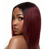 Flyshadow Burgundy Short Straight Bob Human Hair Wigs Brazilian Lace Front Human Hair Wigs Pre Plucked T Part Lace Wigs Remy Hair