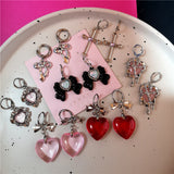 Flyshadow Y2K Vintage Goth Red Pink Crystal Heart Bowknot Cross Earrings Girl Christmas Rave EMO 2000s Aesthetic Scene Jewelry Accessories