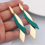 Flyshadow European Statement Geometric Leaf Drop Earrings For Women Long Brincos Party Jewelry Smooth Green Red Color Christmas Gift