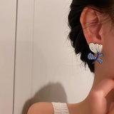 Flyshadow White Blue Painting Leaf Flower Earrings for Women New Chic Jewelry Personality Asymmetric New Needle Korean Style