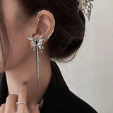 Flyshadow New Trend Silver Color Tassels Butterfly Drop Earrings for Women Sparkling Zircon Ear Cuff Clip Earrings Wedding Jewelry