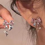 Flyshadow New Y2K Bowknot Zircon Stud Earrings for Women Fashion Korean Silver Color Pink Crystal Personality Earring Party Jewelry Gifts