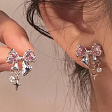 Flyshadow Y2K Bowknot Zircon Stud Earrings for Women Fashion Korean Silver Color Pink Crystal Personality Earring Girl Party Jewelry Gifts