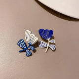 Flyshadow White Blue Painting Leaf Flower Earrings for Women New Chic Jewelry Personality Asymmetric New Needle Korean Style