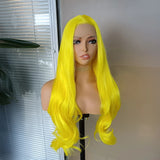 Flyshadow Yellow Long Wave Wig Synthetic Lace Front Wig For Women Natural Hairline Middle Part Lace Heat Resistang Fiber