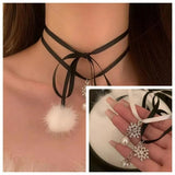 Flyshadow Snowflake Diamond Sparkling Women's Pendant Fur Ball Strap Imitation Pearl Fashion Necklace For Women Banquet Party Jewelry