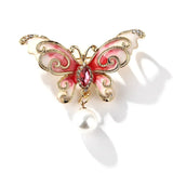 Flyshadow Red Enamel Butterfly Brooch  Elegant Crystal Insect Brooch Pins  Women  Pearl Alloy Badge Accessory Jewelry Gifts For Friend