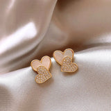 Flyshadow Korean Style Light Luxury Simple Zircon Double Love Fritillaria Stud Earrings For Women Fashion Cute Sweet Jewelry Gifts