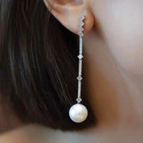 Flyshadow Luxury Long Crystal Tassel Imitation Pearl Dangle Earrings for Women Silver Color Wedding Earing Unique Design Jewelry