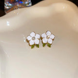 Flyshadow Trendy Cute White Flower Stud Earrings for Women Girls Enamel Oil Camellia Green Leaf Crystal Imitation Pearl Earrings Jewelry