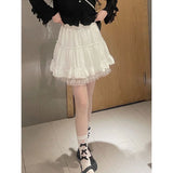 Flyshadow Kawaii Ruffle White Short Skirt Lace Lolita Elegant Mini Skirts Layered Solid Sweet Elegant Japanese Style Casual Skirt