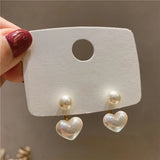 Flyshadow Elegant Imitation Pearl Heart Drop Earrings for Women Wedding Party Sweet Jewelry 2 in 1 Round Charms Temperament Dangle Earring