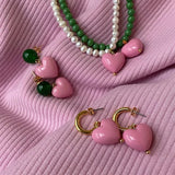 Flyshadow Vintage Sweet Pink Heart Pendant Earrings Freshwater Pearl Contrast Earring Korean Design Candy Color Heart Beaded Necklace