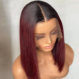 Flyshadow Burgundy Short Straight Bob Human Hair Wigs Brazilian Lace Front Human Hair Wigs Pre Plucked T Part Lace Wigs Remy Hair