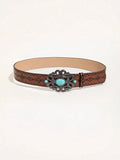 Flyshadow Boho Turquoise Buckle PU Belt Vintage Brown Embossed Waistband Vintage Cowgirl Belts Classic Jeans Pants Belts For Women