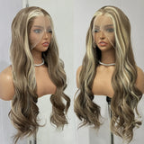 Flyshadow Hightlights Brown Wig Ash Blonde Synthetic Hair Long Wave Deep Body Wave Glueless Wigs Frontal Lace Wigs For Women Cosplay Party