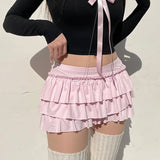 Flyshadow Coquette Pink Sexy Mini Skirt Women Ruffle Bow Sweet Kawaii Layered Short Skirt Lolita Pleated Solid Y2k Casual Skirts