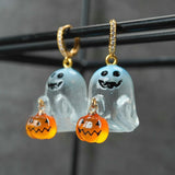 Flyshadow Fashion Halloween Ghost Drop Stud Earrings Women Girl Cute Punk Pumpkin Stainless Steel Jewelry Crystal Hook Dangle Party Gifts