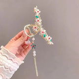 Flyshadow New pearl Tassel Hair Claw China Style Retro Flower Hair Clip Barrette Alloy Hairpin Ponytail Clip Crab Hanfu ACCESSORI FOR GIRL