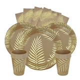 Flyshadow Disposable Kraft Paper Tableware Set Golden Colored Palm Leaf Pattern Plate Cup Towel Straw Party Decor Wedding Birthday Cutlery