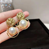 Flyshadow Irregular Round Large Pearl Hollowed Geometric Metal Earrings For Women Party Gift Fashion Jewelry Accessories